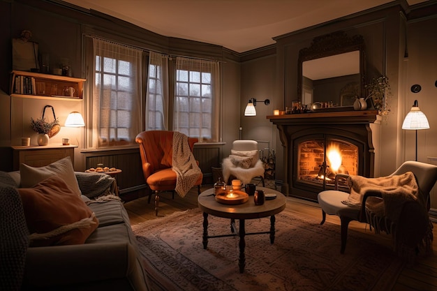 Gezellige woonkamer met open haard comfortabele fauteuils en warm drankje