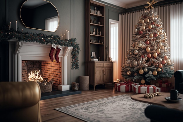 Gezellige woonkamer met open haard en kerstboom in klassiek interieur Merry christmas achtergrond