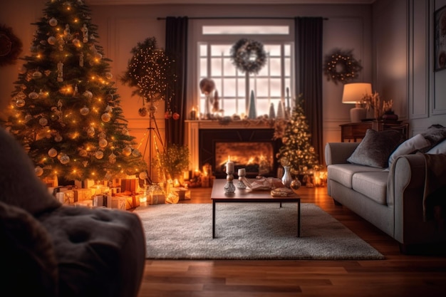 Gezellige woonkamer met open haard en kerstboom in klassiek interieur Merry christmas achtergrond