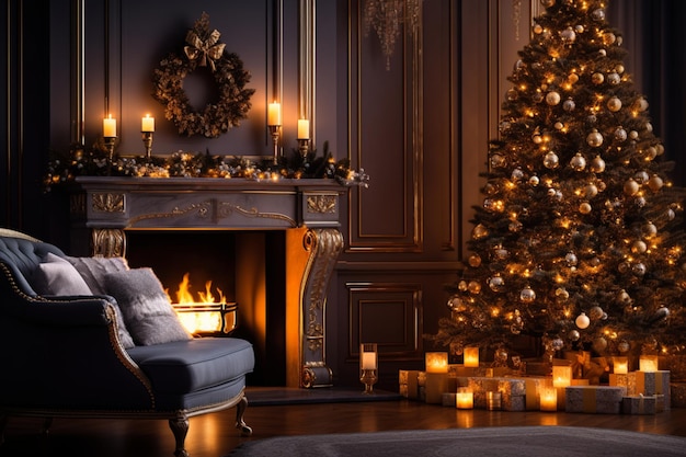 Gezellige woonkamer met open haard en kerstboom in klassiek interieur Merry christmas achtergrond