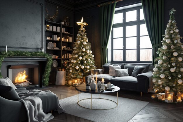 Gezellige woonkamer met open haard en kerstboom in klassiek interieur Merry christmas achtergrond