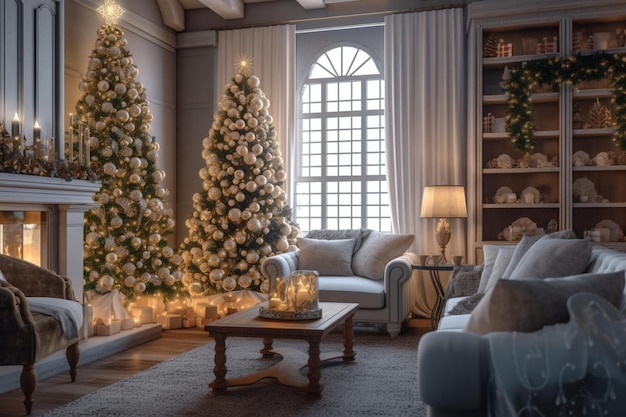 Gezellige woonkamer met open haard en kerstboom in klassiek interieur Merry christmas achtergrond