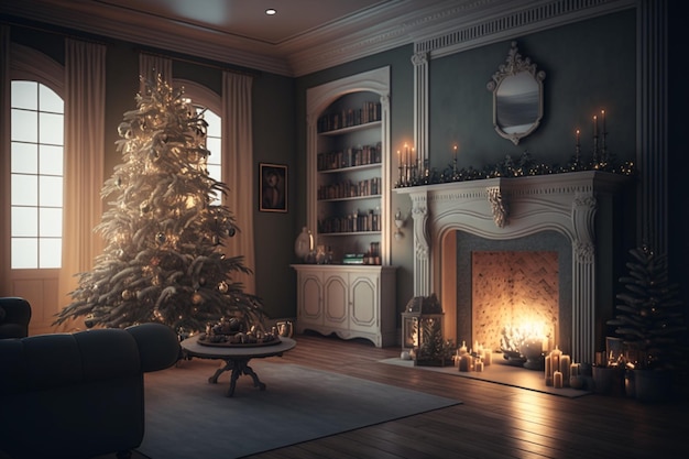 Gezellige woonkamer met open haard en kerstboom in klassiek interieur Merry christmas achtergrond