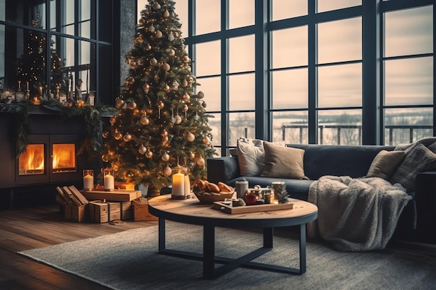 Gezellige woonkamer met open haard en kerstboom in klassiek interieur Vrolijke kerst achtergrond