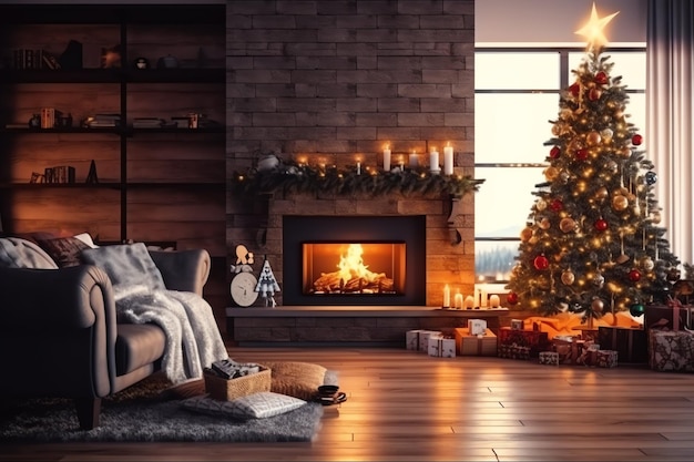 Gezellige woonkamer met open haard en kerstboom in klassiek interieur Vrolijke kerst achtergrond