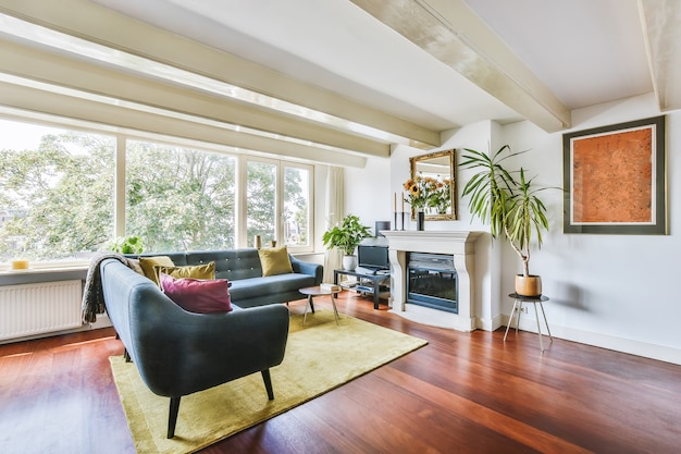 Gezellige woonkamer met open haard in appartement