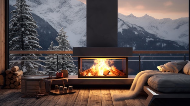 Gezellige woonkamer met panoramisch raam open haard met vuur en uitzicht op winterbergen en bos
