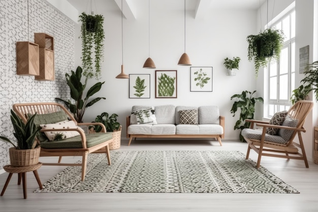 Gezellige woonkamer met planten en meubels Generatieve AI