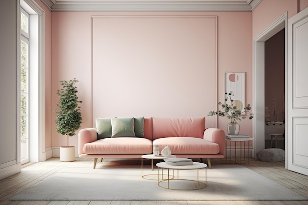 Gezellige woonkamer met roze muren en een bijpassende roze bank Generative AI