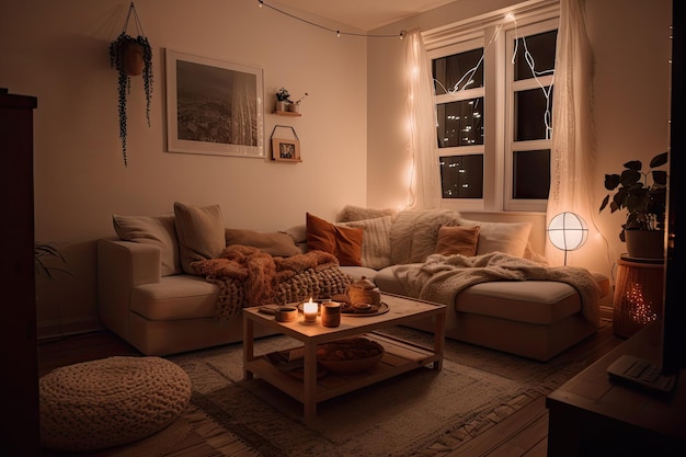 Gezellige woonkamer met zachte bank warme verlichting en gezellige dekens