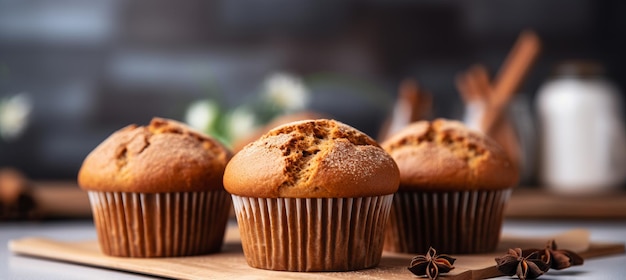 Gezellige zelfgemaakte pompoen specerijen muffins op een afgebroken keuken achtergrond met kopieerruimte