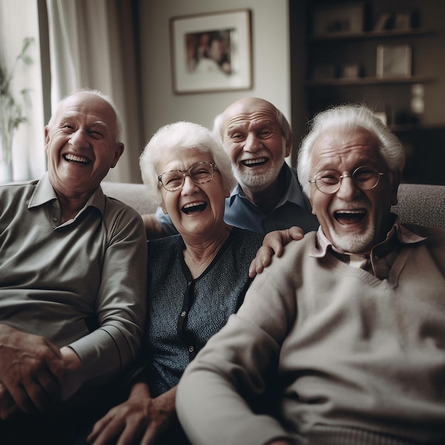 Gezicht lachen of gelukkige ouderen oude vrienden of groep opgewonden glimlach genieten van grappige tijd samen