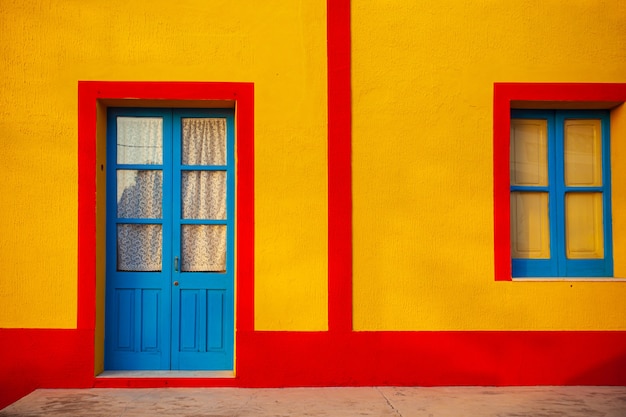 Gezicht op een typisch kleurrijk huis van Linosa, rood en geel gekleurd met blauwe deur en raam