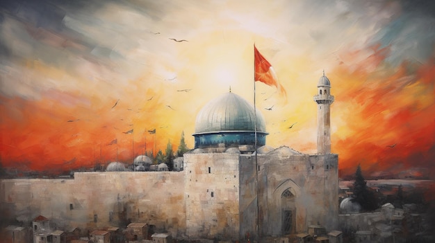 Gezicht op Masjid AlAqsa tegen de achtergrond van een ondergaande zon, de aquarellen van de Palestijnse vlag