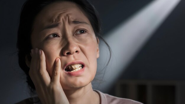 Gezicht van Aziatische vrouw vinger raakt een tandpijn misschien vanwege slechte zorg