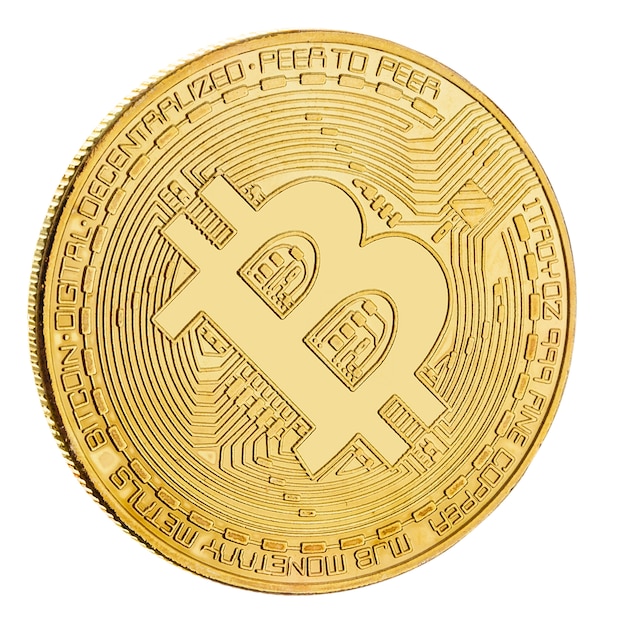 Gezicht van de cryptomunt gouden bitcoin op witte backgrou