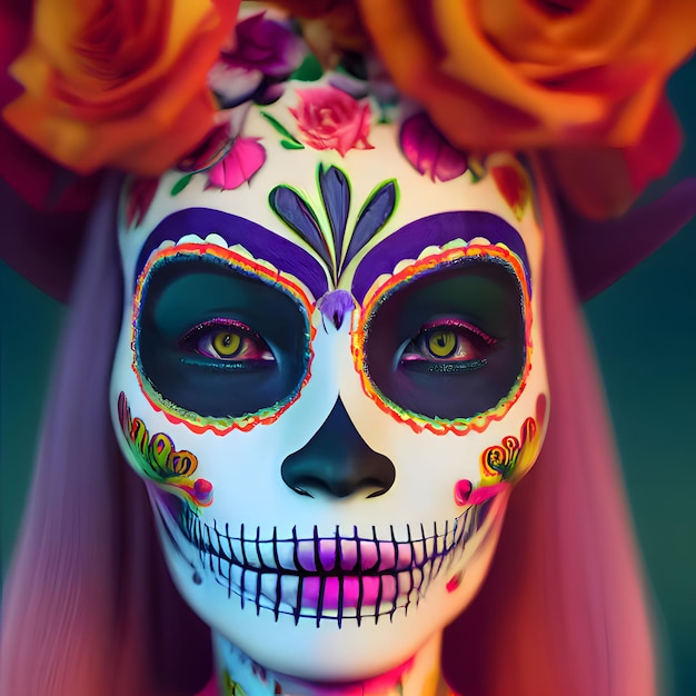 Gezicht van vrouw in masker schedel make-up versierd hoofd oranje roze bloemen close-up foto voor de dag van de doden en halloween grijze geïsoleerde achtergrond