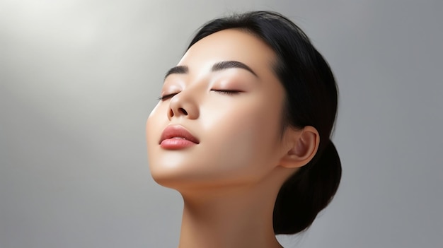 Gezichtsbehandeling Cosmetologie concept Jonge Aziatische vrouw close-up portret op grijze achtergrond