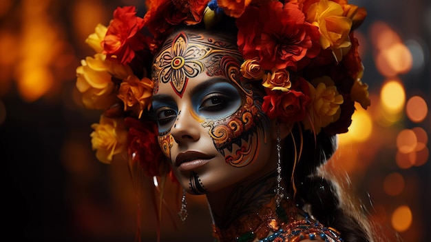 Gezichtsmake-up van een Mexicaanse vrouw bij het vakantiesurrealisme van Dia de los Muertos