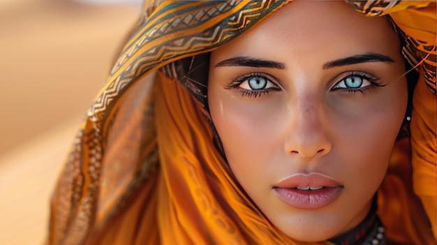 Foto gezichtsmodel van een versluierde arabische vrouw met mooie ogen in de woestijn door ai gegenereerde afbeelding