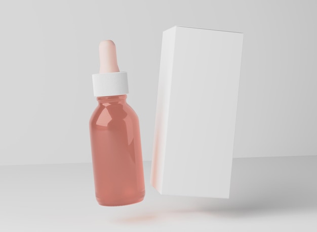 Gezichtsolie serum roze glazen fles ontwerp klaar druppel met witte kartonnen doos mockup 3D render