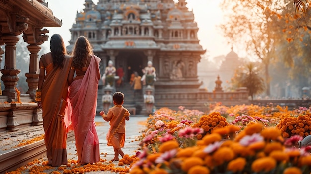 gezin bezoekt een tempel op Gudi Padwa ochtend