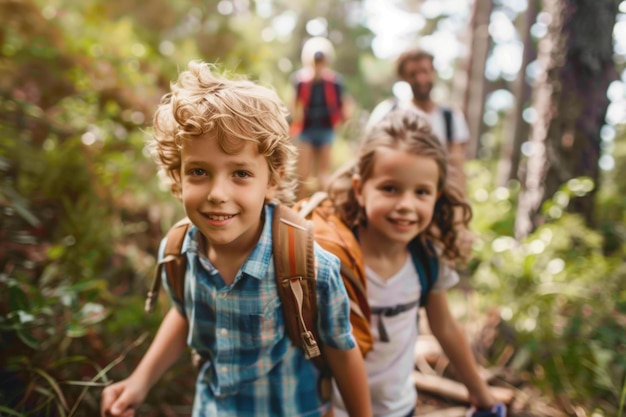 Gezin met kinderen op wandeling door het bos