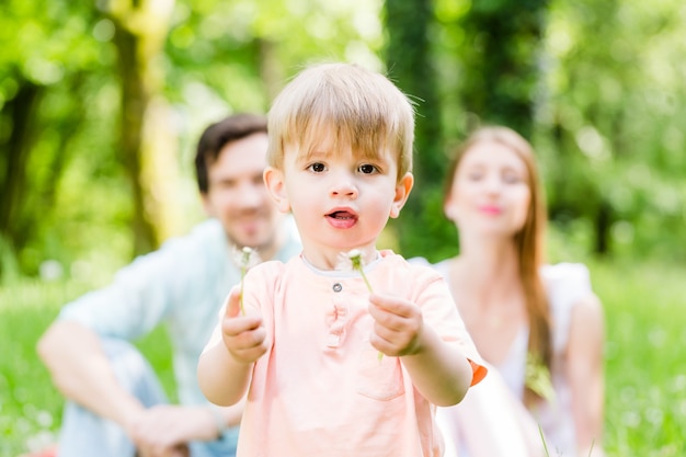 Gezin met zoon op weide blazende paardebloembloem