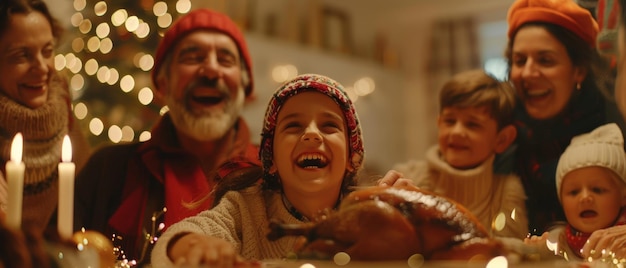 Foto gezinnen die samen kerstliederen zingen, achter de tafel dansen en bij het kerstdiner vonken aansteken