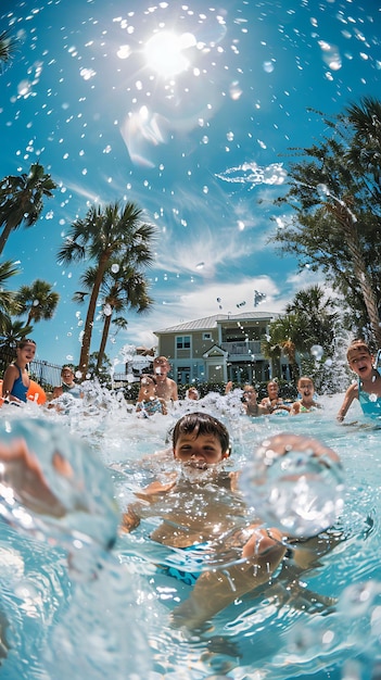 Gezinnen genieten van een naburige zwembadfeest op een hete zomer naburige vakantie Creatieve achtergrond jpg