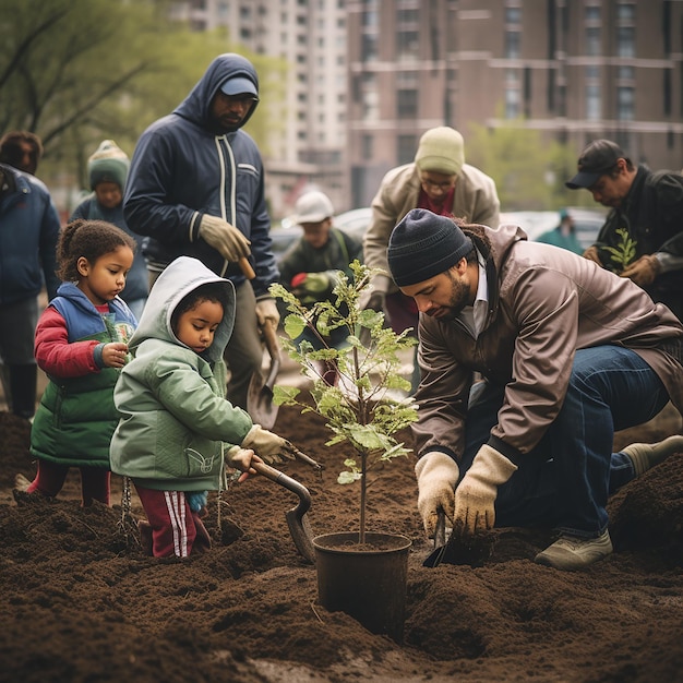 Gezinnen planten bomen in hun buurtpark