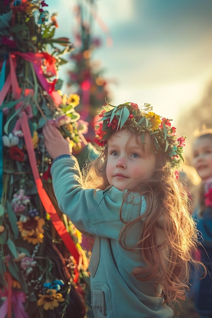 Gezinnen versieren een meipaal in Zweden met bloemenkronen R Naaste vakantie Creatieve achtergrond