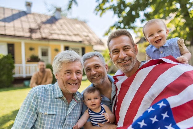 Gezinsbijeenkomst met ouderen en baby's American Flag barbecue viering 4 juli Onafhankelijkheidsdag