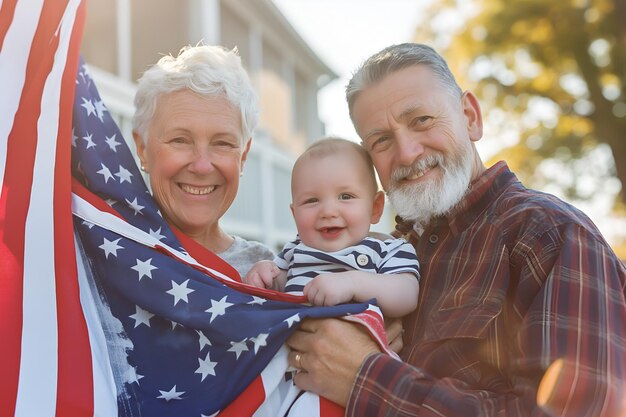 Gezinsbijeenkomst met ouderen en baby's American Flag barbecue viering 4 juli Onafhankelijkheidsdag