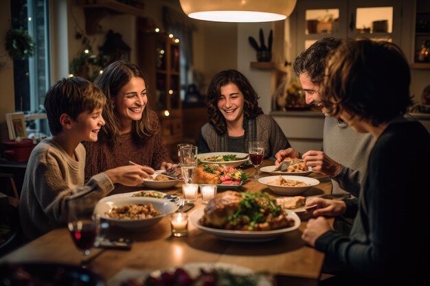 Gezinsdiner de warmte van de kamer en de vreugde op het gezicht van elk gezinslid 39 creëert een nostalgische en troostende scène