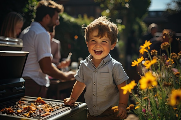 Gezinshuis met kinderen die spelen en barbecues in de achtertuin generatieve IA