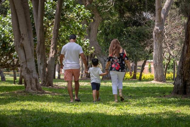 Gezinsleden die elkaar de hand houden en achteruit lopen in een park