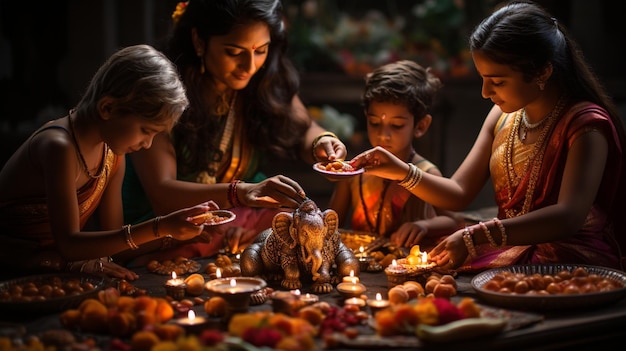 Gezinsleden verzamelen zich voor een speciaal Diwali behang