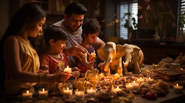 Gezinsleden verzamelen zich voor een speciale Diwali achtergrond