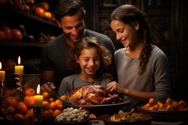 Gezinsleden vieren Thanksgiving samen in de eetkamer.