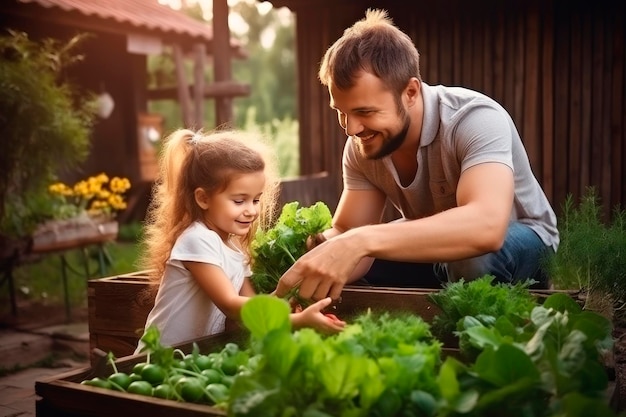 Gezinsmeisje Ze zijn bezig met het planten van planten en groenten in de tuin.