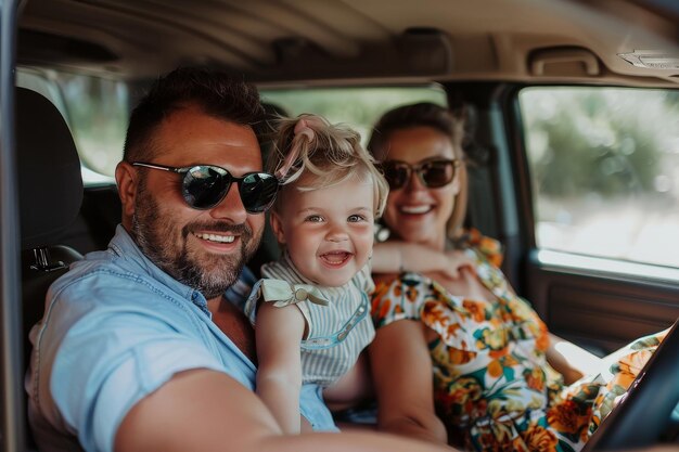 Gezinsreis op de weg Gelukkige familie op de weg in hun auto Zomervakantie