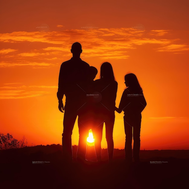 Gezinsvakantie in de natuur Jonge moeder vader en hun dochters en zoon ontmoeten elkaar bij zonsondergang gecreëerd met generatieve AI