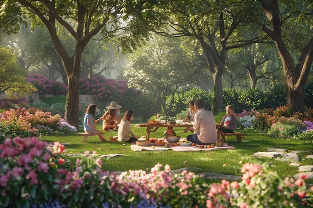 Gezinsvergadering voor een picknick op Moedersdag in een bea