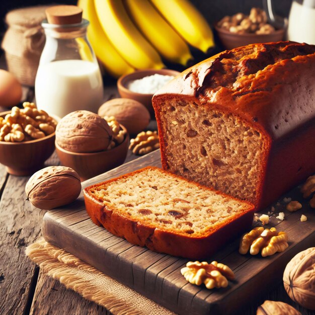 Gezond bananenbrood met walnoten op een houten snijplank met bananen op de achtergrond