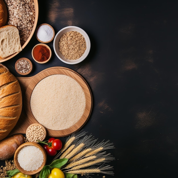 Foto gezond culinair tafereel koken met hele granen plat gelegd