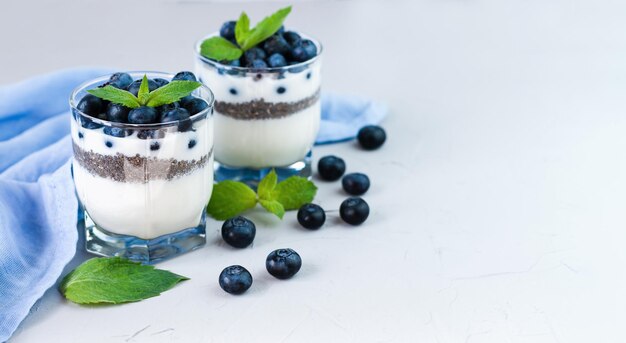 Foto gezond dessert met verse bosbessen yoghurt en chia zaden op de grijze achtergrond