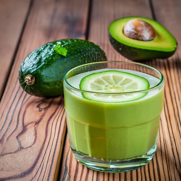 Gezond drankje van komkommers en avocado's in een glas op het tafelblad