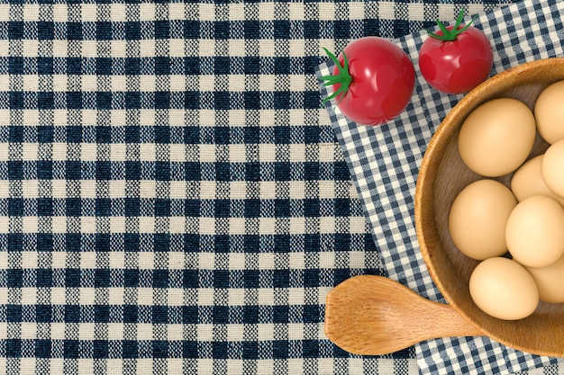 Gezond eetconcept met glanzende rode tomaten en eieren in een kom