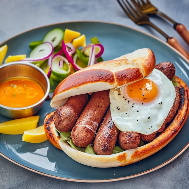 Foto gezond eiwit ontbijt hotdog worstjes en eieren
